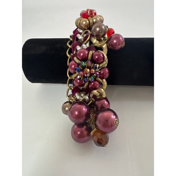 Unknown Accessories - Dangling Burgundy Baubles Rhinestoned Center on Gold And Silver Toned Metal Link